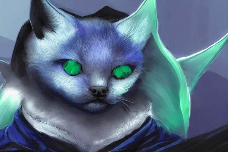 Prompt: a blue - and - black male catbat fursona with blue / green heterochromatic eyes ( differently - colored eyes, one green, one blue ) and huge bat ears, photo of the catbat streaming on his computer