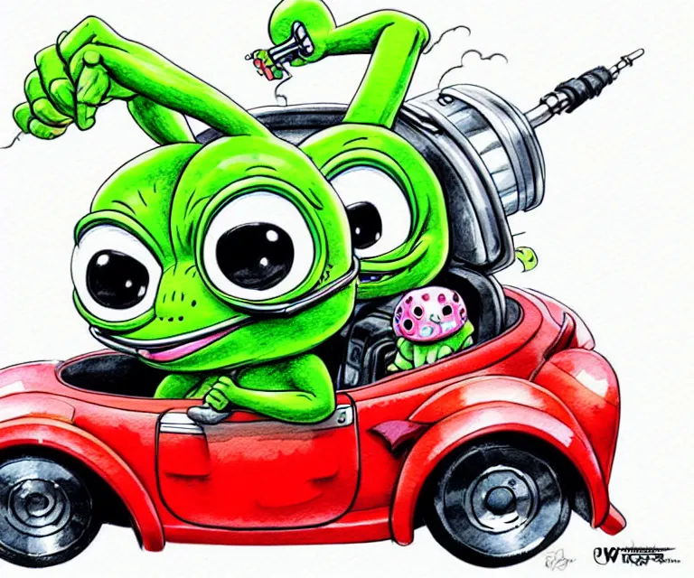 Prompt: cute and funny, pepe wearing a helmet riding in a tiny hot rod tesla with oversized engine, ratfink style by ed roth, centered award winning watercolor pen illustration, isometric illustration by chihiro iwasaki, edited by range murata, details by artgerm