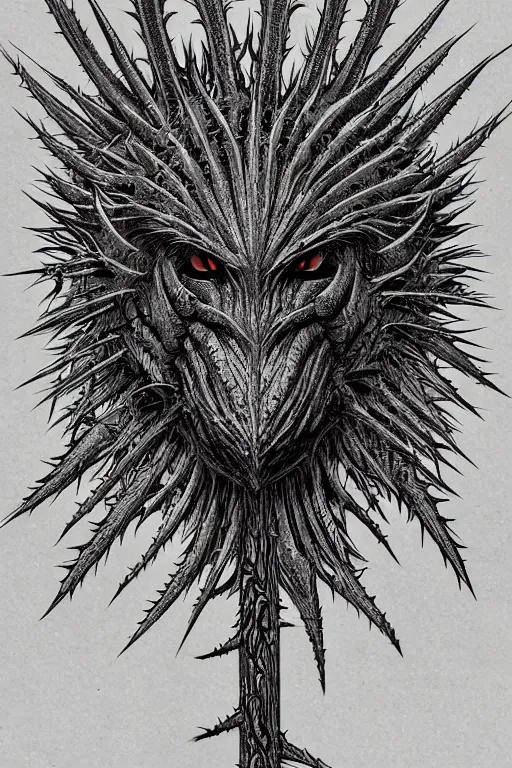 Prompt: thistle monster heavily armoured, symmetrical, highly detailed, digital art, needles, thorns, sharp focus, trending on art station, kentaro miura manga art style