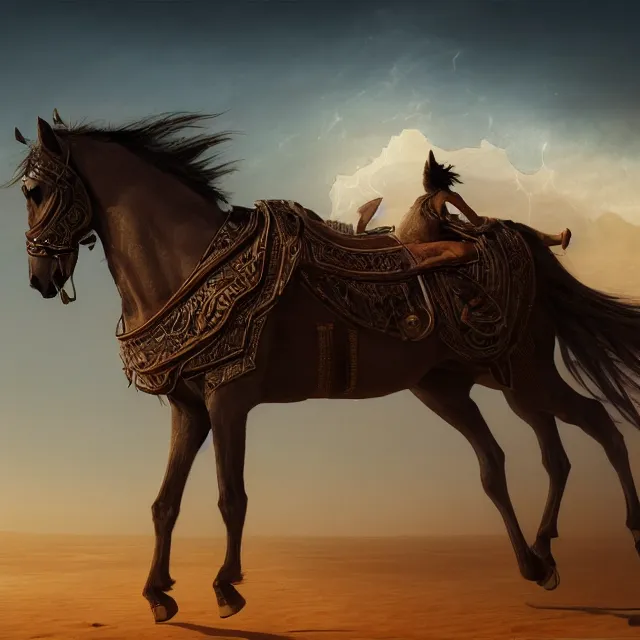 Image similar to arabian horse in the desert, environment, illustration, symmetrical, smoky, unreal engine, colors, epic scene, fantasy art by greg rutkowski,, golden raito, high quality, intricate details, details, intricate, atmosphere, highly detailed, matte painting, cinematic, deviantart, realistic, concept art, 4 k