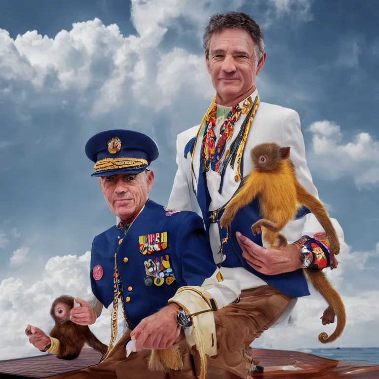 Image similar to high fashion photoshoot octane render portrait by wayne barlow and carlo crivelli and glenn fabry, a distinguished sea captain wearing a colorful uniform and holding a small monkey while standing on a beautiful high - end white and wood yacht, very short depth of field, bokeh