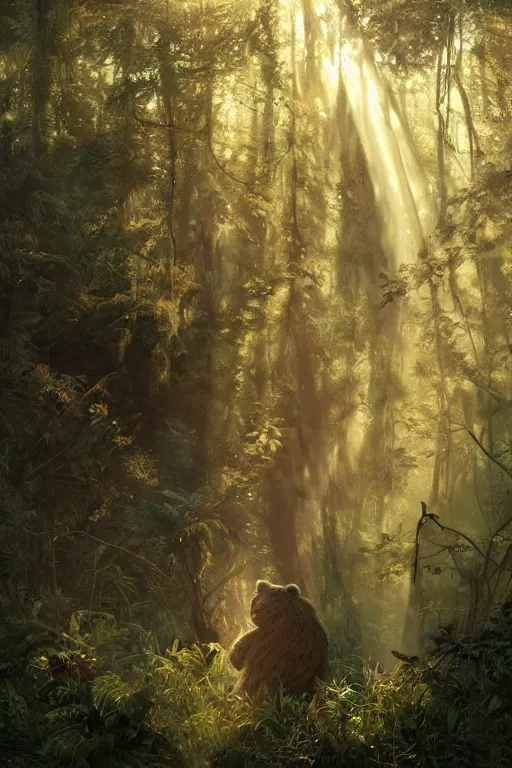 Image similar to mean fluffy teddybear protecting girl in a forest with rays of light coming through the canopy, masterpiece, dystopian, sci-fi, extremely detailed, digital painting, sculpted in zbrush, artstation, concept art, smooth, sharp focus, illustration, chiaroscuro lighting, golden ratio, incredible art, artgerm, greg rutkowski, alphonse mucha, simon stalenhag, carravaggio