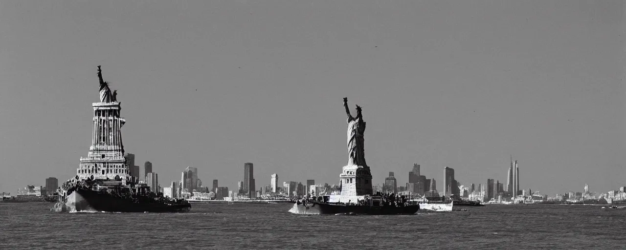 Image similar to a large ship transporting spaghetti in hudson river, background of the statute of liberty, canon 5 0 mm, photography, film, kodachrome