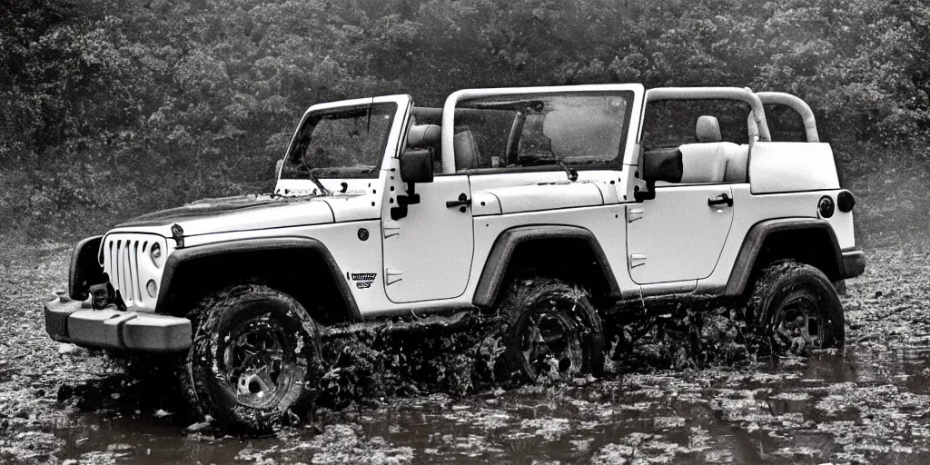 Image similar to noisy old color photograph of a 1997 hardtop white Jeep Wrangler drowning in quicksand, iridescent fog swallows the dirty swamp, gritty, Venom liquid grabs at the Jeep, cinematic, soft vintage glow