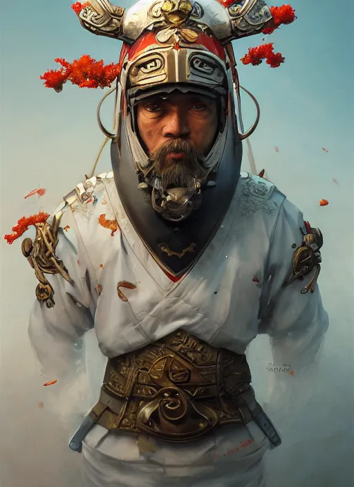 Image similar to subsurface scattering, white, koi, samurai with beautiful helmet, by jesper ejsing, justin gerard, tomasz alen kopera, cgsociety and fenghua zhong, highly detailed, rim light, cinematic lighting, illustration, art, octane render, very coherent, cinematic, hyper realism, high detail, octane render, 8 k