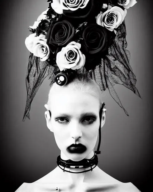 Image similar to dreamy surreal poetic black and white photo of a beautiful young bio-mechanical-female-cyborg-robot with a very long neck and a super big gothic lace collar and a very high big floral crown with many black dry roses by Vivienne Westwood:: smoke, high fashion, haute couture, rococo, avant-garde, elegant, dreamy, hyper realistic, 150 mm lens, soft rim light, octane render, unreal engine, picture was taken in 1910 by Dora Maar, volumetric lighting, dramatic light,8k,