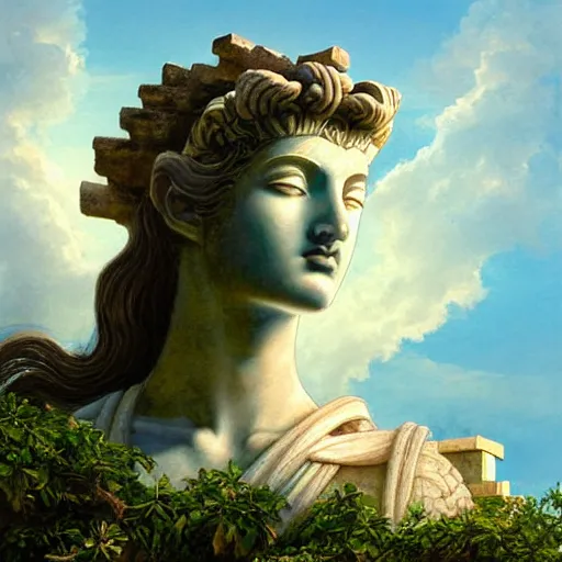 Prompt: beatiful Athena godess looking from a giant Zeus head, greek temple of olympus glory island little wood bridge painting of tower ivy plant in marble late afternoon light, wispy clouds in a blue sky, by frank lloyd wright and greg rutkowski and ruan jia