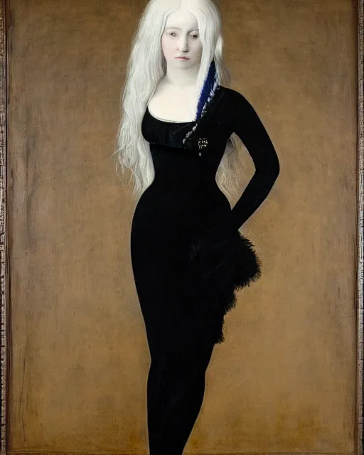 Image similar to photo-realistic portrait of a woman with white and blue hair , wearing a black dress by Vivienne Westwood, intricate details, masterpiece, in the style of Jean Auguste Dominique Ingres, black background