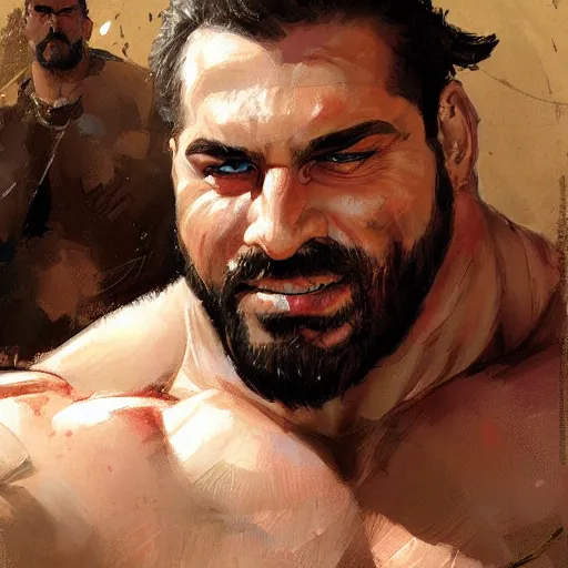 Prompt: friendly turkish powerlifter, shotput build, brawny, close - up, character portrait by michael garmash, greg rutkowski, gaston bussiere, craig mullins