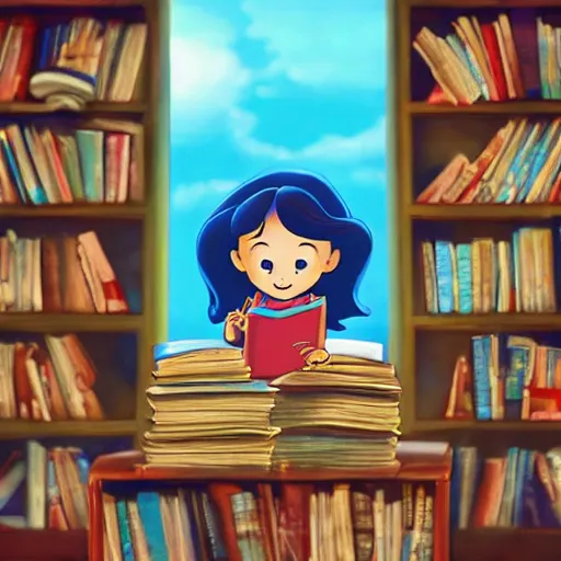 Prompt: a little girl with short wavy brown hair and blue eyes sits cross legged on top of a pile of books reading a book in a still from a disney movie. beautiful disney cartoon character art, high quality, detailed face