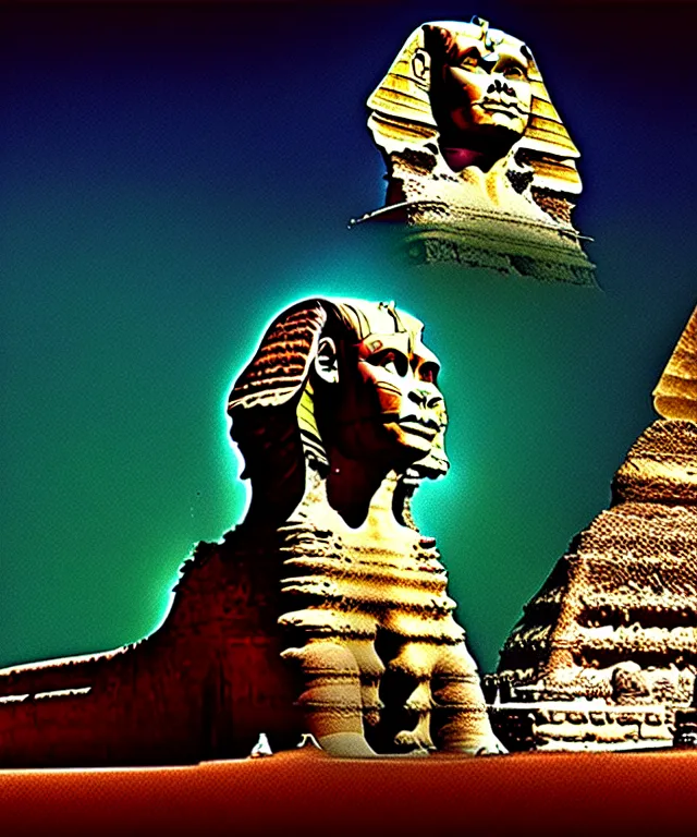 Prompt: epic professional digital art the sphinx, horrific yet beautiful vibe, evocative, atmospheric lighting, 1 9 7 0's album cover sharp focus, cinematic, masterpiece