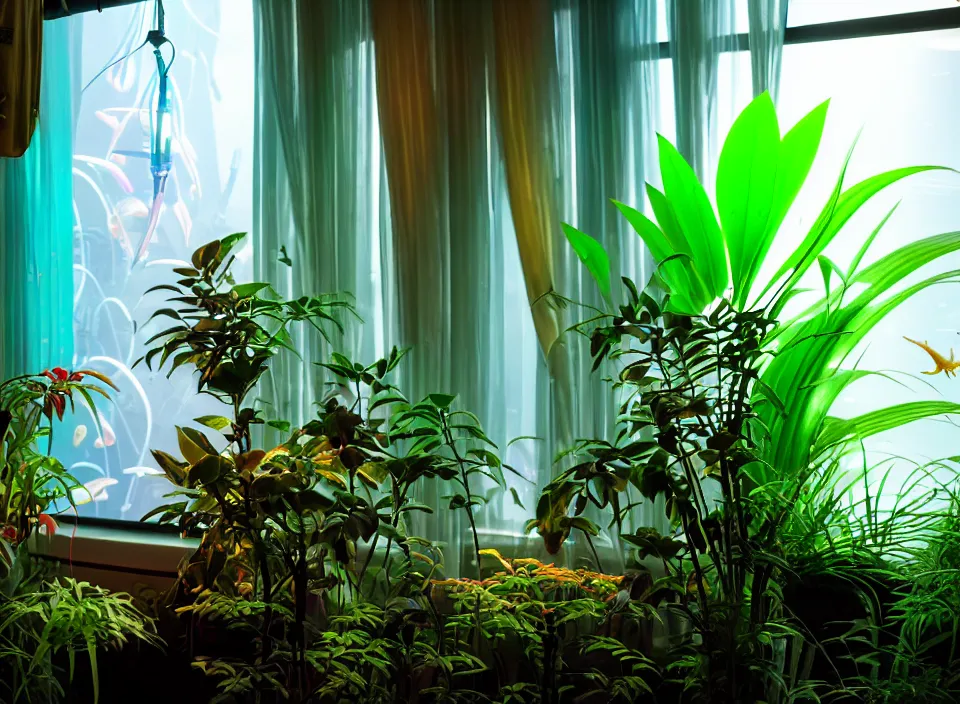 Prompt: telephoto 7 0 mm f / 2. 8 iso 2 0 0 photograph depicting a single iridescent jungle plant in a cosy cluttered french sci - fi ( art nouveau ) cyberpunk apartment in a pastel dreamstate art cinema style. ( aquarium, computer screens, window ( city ), leds, lamp, ( ( ( aquarium bed ) ) ) ), ambient light.