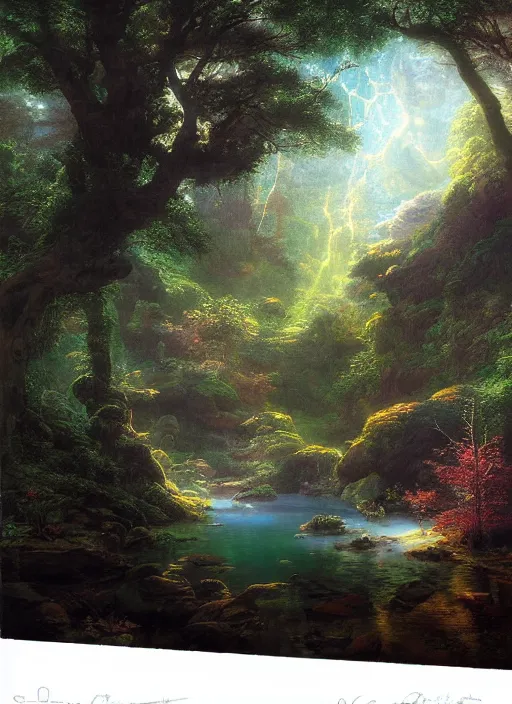 Prompt: a forest oasis, rock pools, harmony of nature, infinite dawn, angelic light, sparkling dew, epic atmosphere, by asher brown durand, by iyoshitaka amano