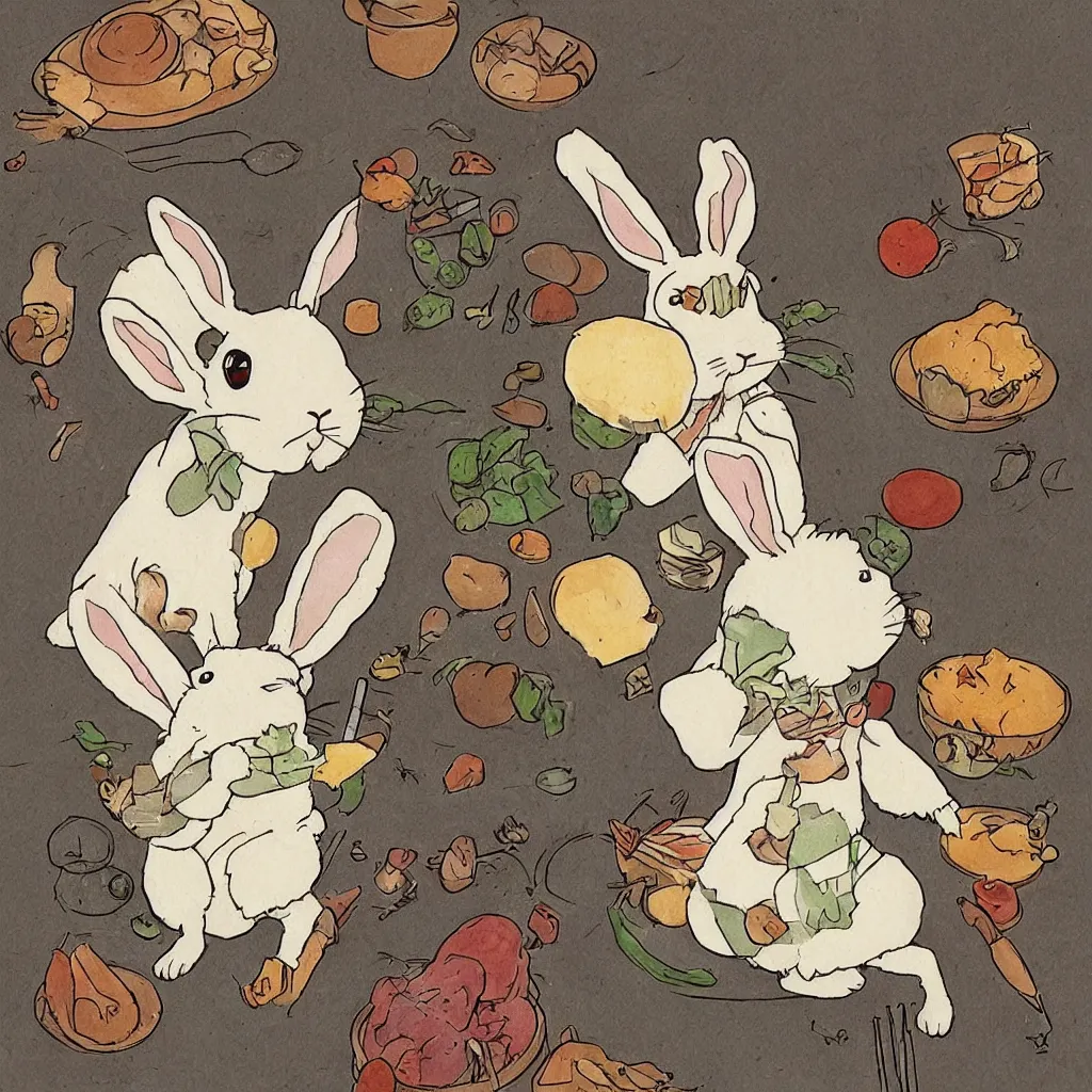 Prompt: a rabbit cooking in the style of studio ghibli