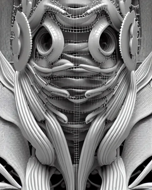 Image similar to mythical black and white organic bio-mechanical spinal ribbed profile face portrait detail of mechanical beautiful female angelic-vegetal-cyborg, highly detailed, intricate steampunk ornate, poetic, 3D render, digital art, octane render, 8K artistic photography, photo-realistic, by Dora Maar