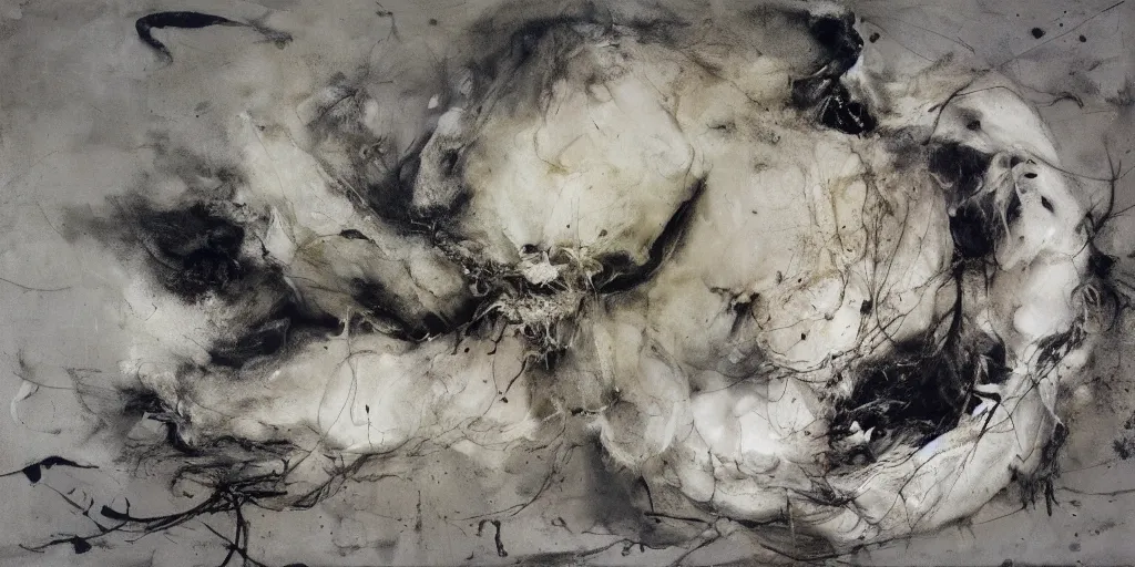 Image similar to white ball, made by swans, feathers, melted. dark atmosphere, dark space. messy image. by andrew wyeth, jenny saville and nicola samori