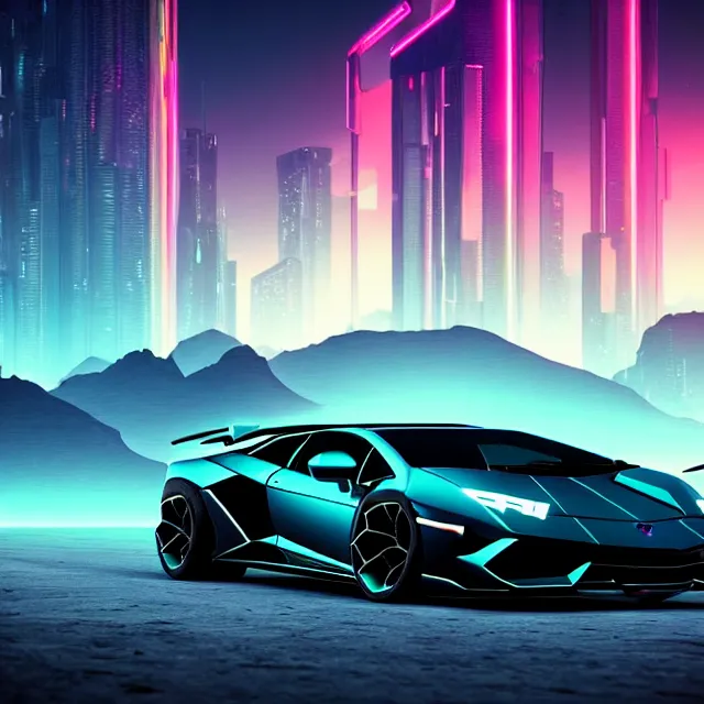Prompt: epic digital art of photorealistic synthwave lamborghini driving through futuristic very dark hard edged glowing tron movie towers, faint tall mountains in background, wlop, pixiv, by beeple