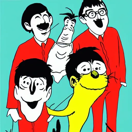 Image similar to The Beatles as a Dr. Seuss cartoon, album cover