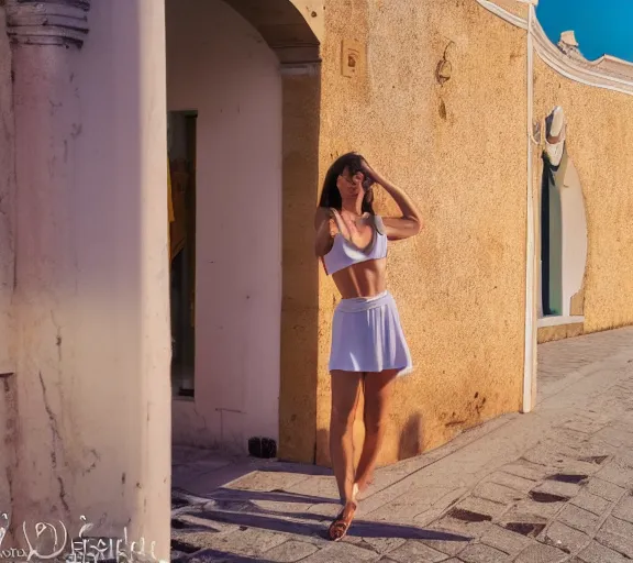 Image similar to photo of lido di ostia streets, cinematic color grading, various poses, soft light, faded colors, well framed, sharp focus, 8 k