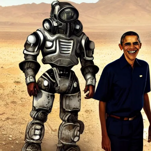 Image similar to award winning photograph of barack obama wearing fallout t - 5 1 b power armor in the mojave desert