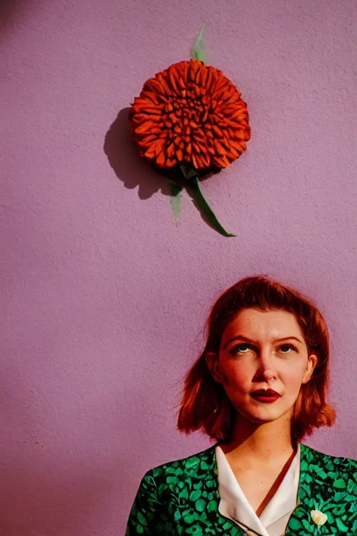 Image similar to giant flower head, frontal, girl standing in mid century hotel, surreal, symmetry, bright colors, cinematic, wes anderson