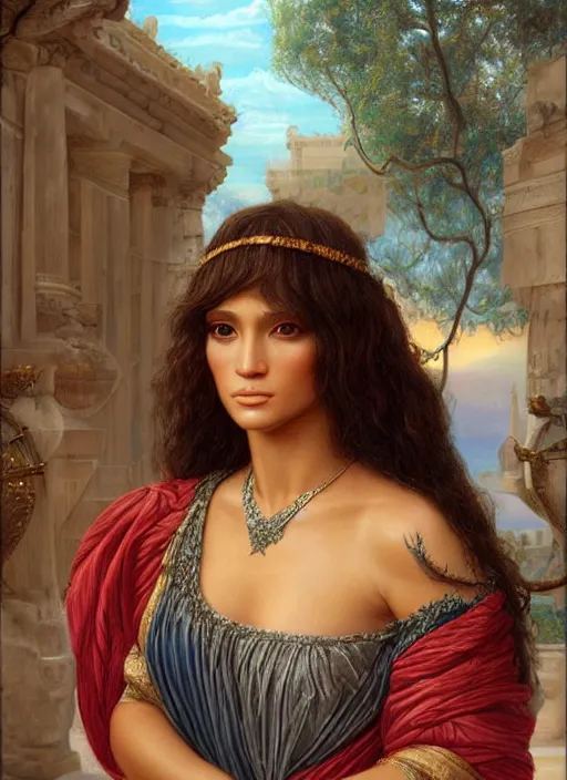 Prompt: J-Lo as nobility, beautiful detailed eyes, cute, fantasy, intricate, elegant, highly detailed, digital painting, 4k, HDR, concept art, detailed jewelry, smooth, sharp focus, illustration, art by John William Godward