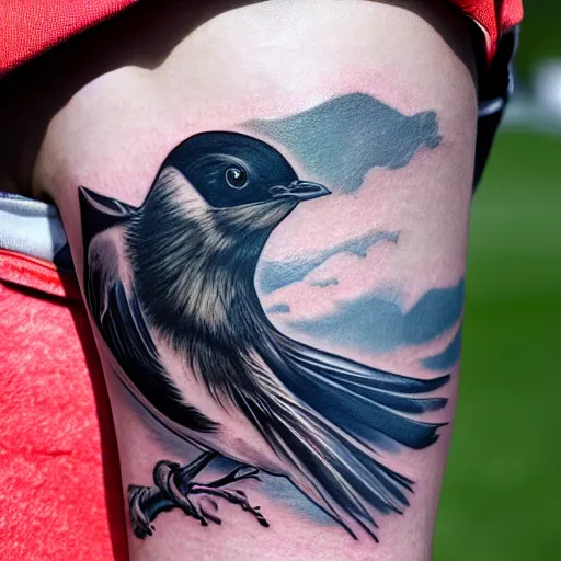 Prompt: ink tatoo, a swallow with a black beard wearing an athletic bilbao shirt, 4 k, masterpiece