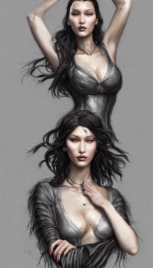 Prompt: bella hadid, bold, passionate, seductive, expressive, charismatic, very sweaty, intricate fashion clothing, insane, intricate, highly detailed, digital painting, artstation, concept art, surrealistic, smooth, sharp focus, illustration, unreal engine 5, 8 k, art by artgerm and greg rutkowski and alphonse mucha