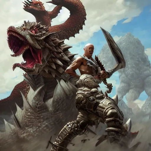 Image similar to Mr.Clean fighting a Rathalos in the world of MonsterHunter with a Charge Blade, highly detailed, digital pencil painting, realistic, sharp focus, Wyverns, illustration, art by artgerm and greg rutkowski and alphonse mucha