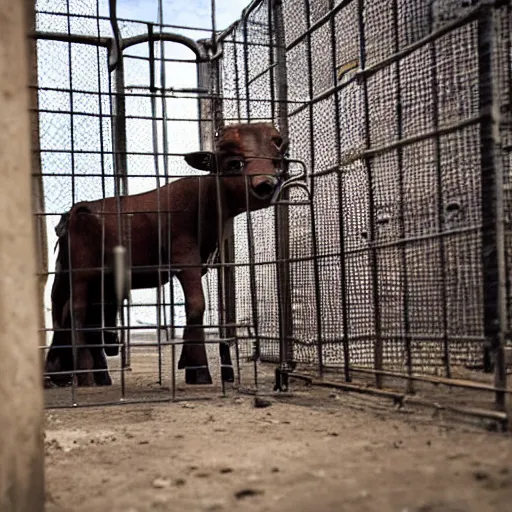 Image similar to chained calf inside a cage looking a bottle of milk