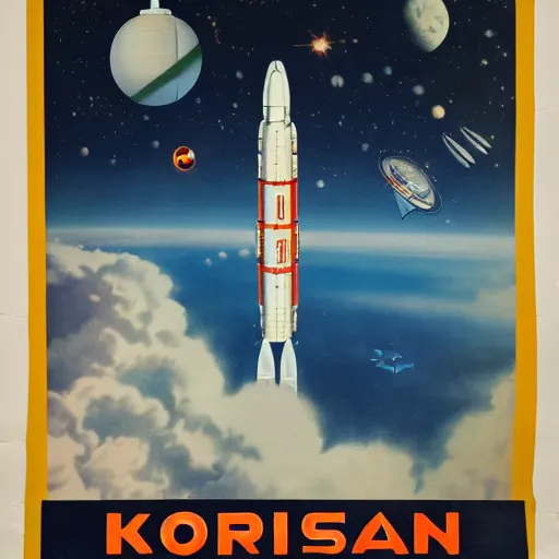 Image similar to [North Korean space mission, 1950 poster, very detailed, cinematic lighting, matte, sharp, photography]