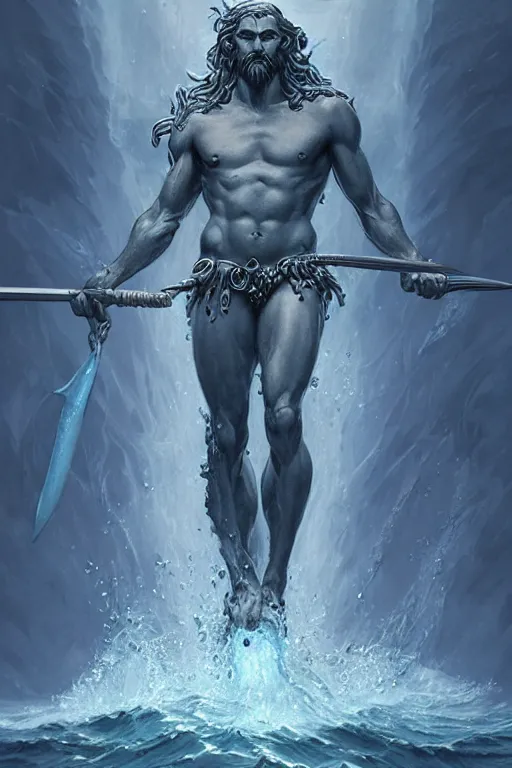 Image similar to poseidon humanoid god of the sea, trident, highly detailed, d & d, fantasy, highly detailed, digital painting, trending on artstation, concept art, sharp focus, illustration, art by artgerm and greg rutkowski and magali villeneuve