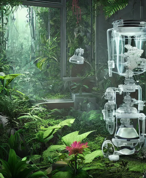 Image similar to intricate transparent clear see - through image of medical equipment, lush botany, overgrown jungle environment, flowers, ultra realistic, concept art, pop art, photorealistic, octane render, 8 k, unreal engine. art by nori inoguchi and sam kaplan and zachary goulko and christopher marley