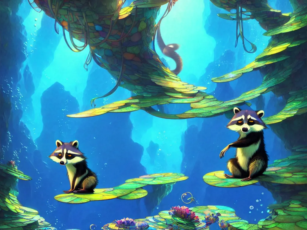 Image similar to the beautiful cartoon animation render a lovely disney raccoon, pop art, underwater world, in the style of makoto shinkai, raphael lacoste louis comfort tiffany, artgerm, karol bak, james jean, ross tran, 8 k hd, fine texture structure, 3 drender