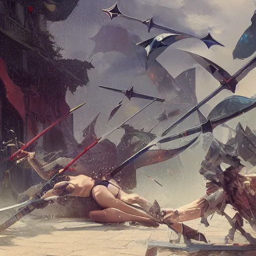 Image similar to raining swords, falling swords, organic painting, sunny day, matte painting, bold shapes, hard edges, street art, trending on artstation, by huang guangjian, gil elvgren, ruan jia, randy vargas, greg rutkowski