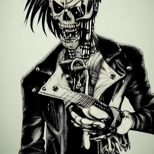 Image similar to a portrait of the grim reaper as a punk rocker playing an electric guitar, punk, skeleton face, mohawk, dark, fantasy, leather jackets, spiked collarsand wristbands, piercings, boots, ultrafine detailed pencil art on paper by frank frazetta and vito acconci and and takeshi obata, death note style, symetric body, sharp focus
