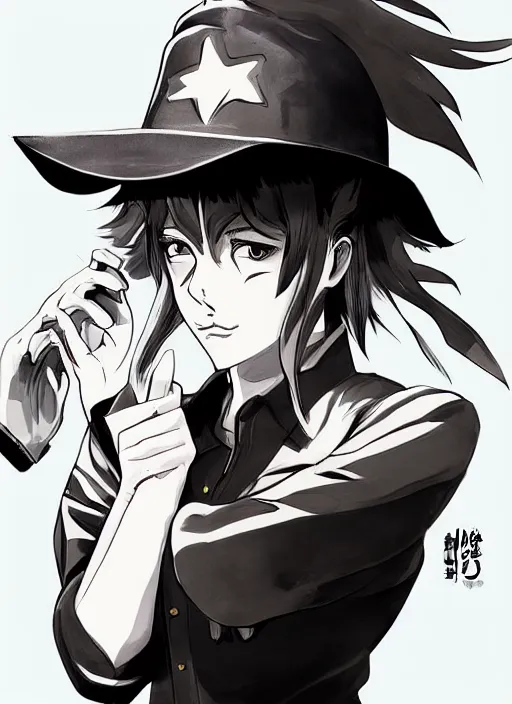 Image similar to manga, bw color, full size persona, female sheriff, detail, ultra sharpness, beautiful female, detailed face, art by huyy nguyen, style by cain kuga, cowboy bebop art style, stroke line