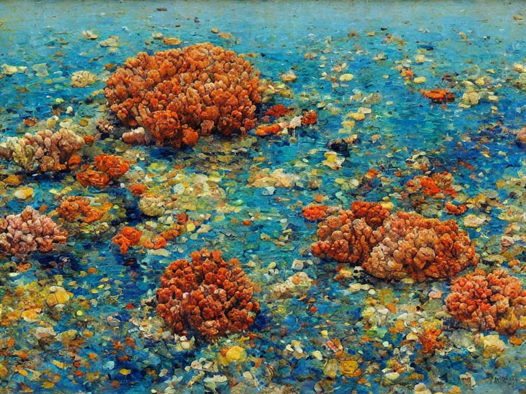 Prompt: sea and corals, denis sarazhin, oil on canvas