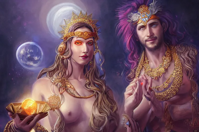 Prompt: close up moment of a divine a sun god and a moon goddess lovers magician at a wedding banquet, highly detailed, d & d, fantasy, highly detailed, digital painting, trending on artstation, concept art, sharp focus, illustration, art by artgerm and daniel gerhartz and magali villeneuve