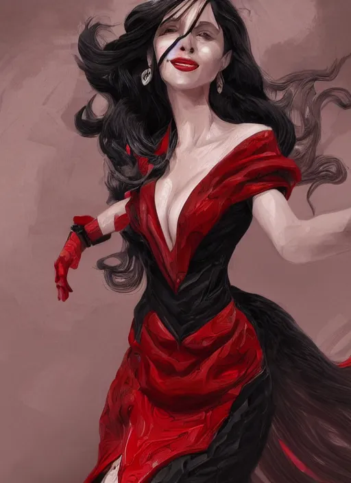 Image similar to a highly detailed illustration of long black hair white woman wearing a red and black dress, dramatic smile pose, intricate, elegant, highly detailed, centered, digital painting, artstation, concept art, smooth, sharp focus, league of legends concept art, WLOP