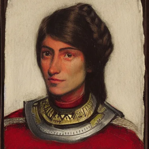 Prompt: head and shoulders portrait of a female knight, aztec, tonalist, symbolist, realistic, ambrotype, detailed, modeled lighting, lorica segmentata, palette knife, viridian and venetian red, angular, squinting, raven, baroque