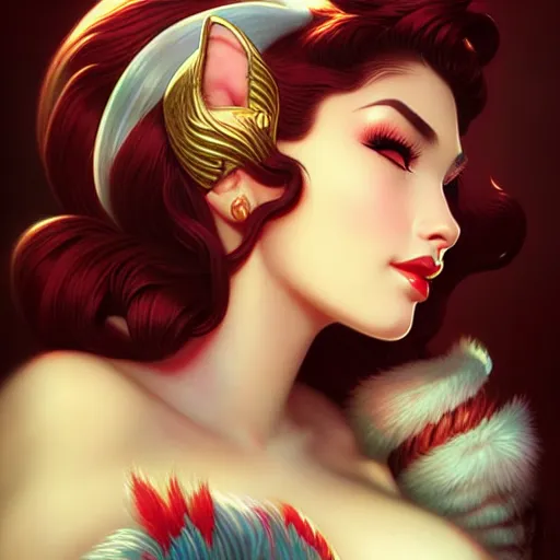 Image similar to head and shoulders portrait of Ahri of League of Legends illustration, medium shot, intricate, elegant, highly detailed, digital art, ffffound, art by gil elvgren and sachin teng