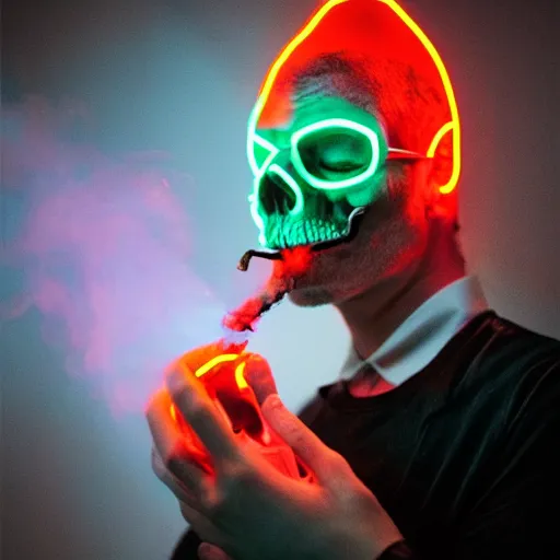 Prompt: Fuzzy neon skull smoking a pipe, studio photography