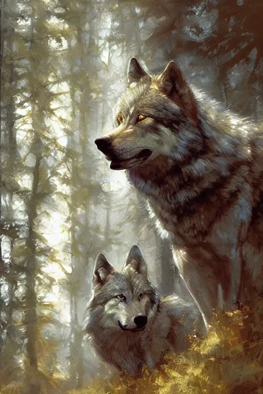 Prompt: spiritual twin flame wolf art, forest hue, highly detailed, oil painting, by craig mullins
