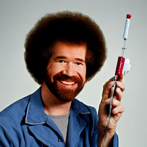Image similar to portrait of bob ross holding a syringe and a spoon, photo