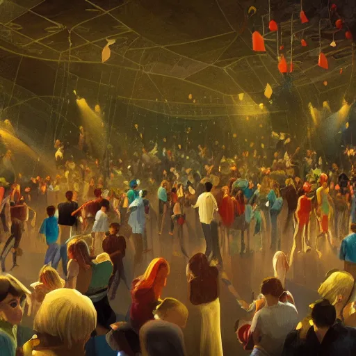 Image similar to cartoon, a lot of people communicating with each other in groups of ten, a large hall, dim painterly lighting volumetric aquatics, party