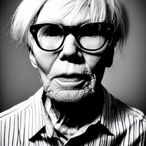 Image similar to Portrait of an aged elderly Andy Warhol, taken in the 2000s, photo taken on a 2000s camera, grainy, real life, hyperrealistic, ultra realistic, realistic, highly detailed, epic, HD quality, 8k resolution, body and headshot, film still, front facing, front view, headshot and bodyshot, detailed face, very detailed face