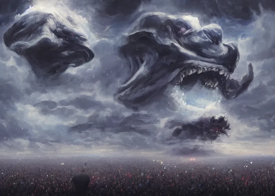 Prompt: large abstract painting of giant grinning evil dynamic low-opacity Joe Biden head emerging from cosmic clouds at giant immense crowd of person army, trending on ArtStation, masterpiece, by Greg Rutkowski, by Ross Tran, by Fenghua Zhong, octane, lightbeam eyes, soft render, clear facial features, oil on canvas,, moody lighting, lights beaming out of eyes, cinematic, professional environment concept art