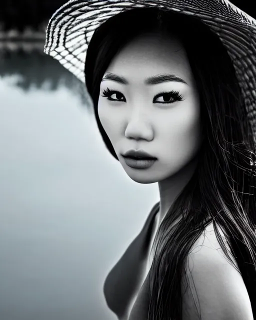 Prompt: medium closeup shot, flash long exposure photography of asian woman fashion posing in the lake by peter kemp, sharp focus, high details