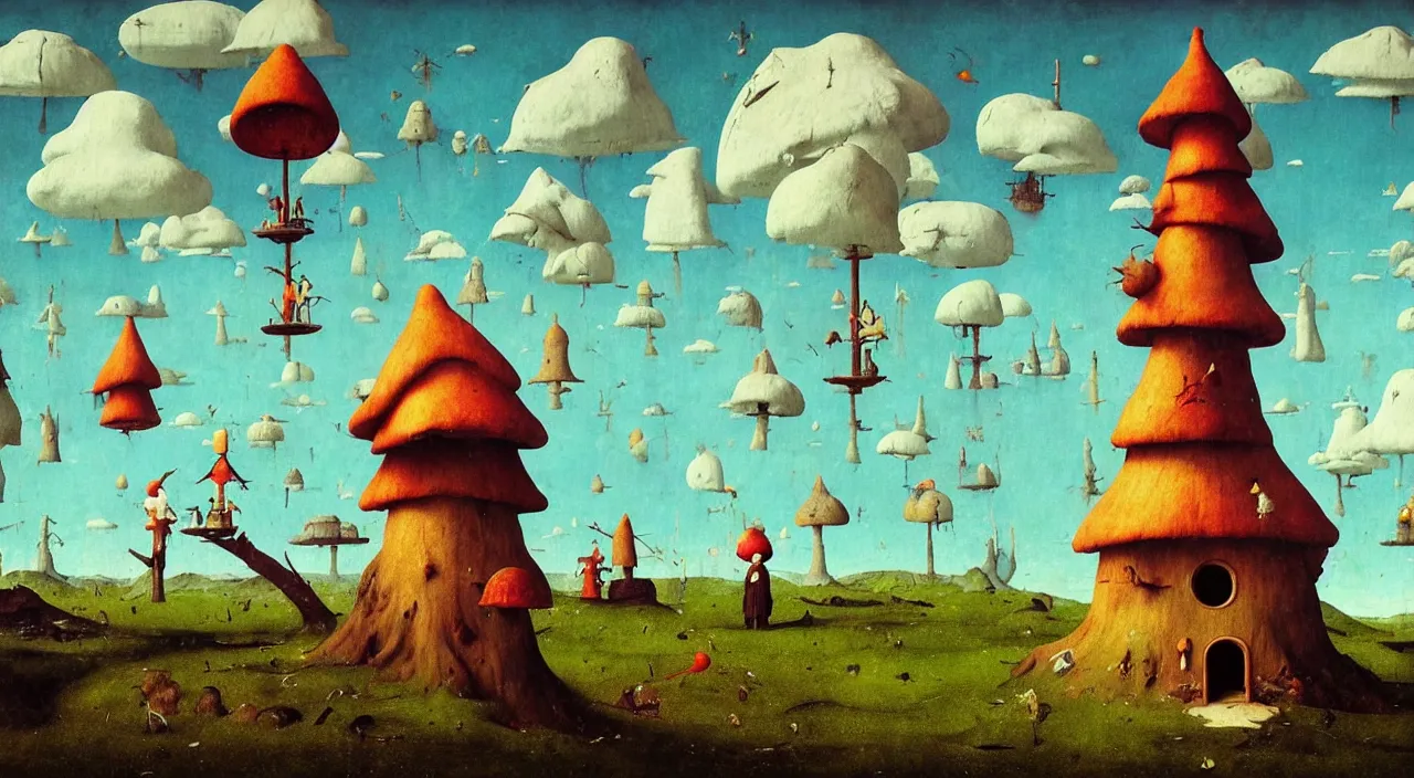 Prompt: single flooded simple!! toadstool birdhouse tower anatomy, very coherent and colorful high contrast masterpiece by norman rockwell franz sedlacek hieronymus bosch dean ellis simon stalenhag rene magritte gediminas pranckevicius, dark shadows, sunny day, hard lighting